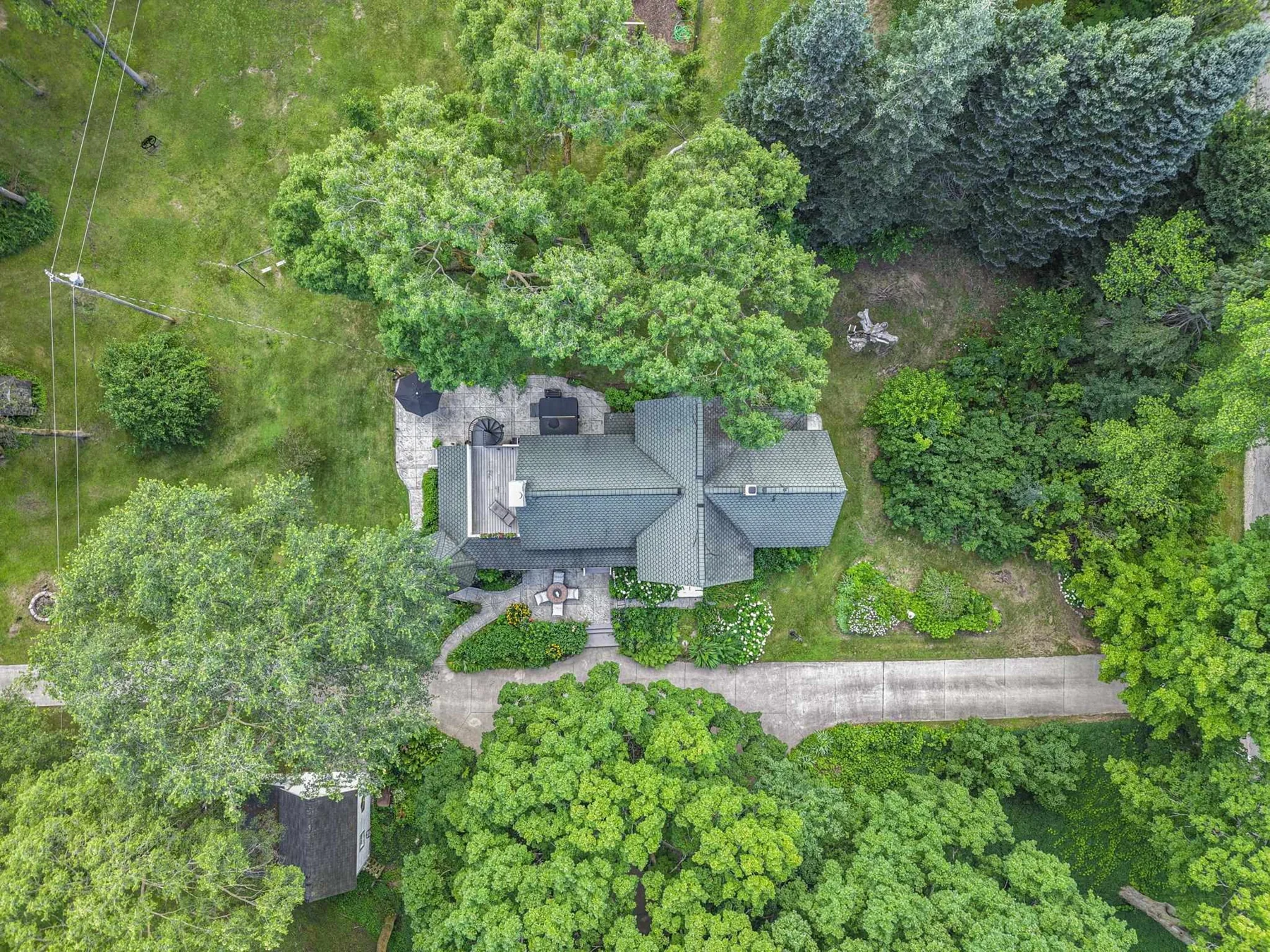 Overhead view of the farmhouse and gardens